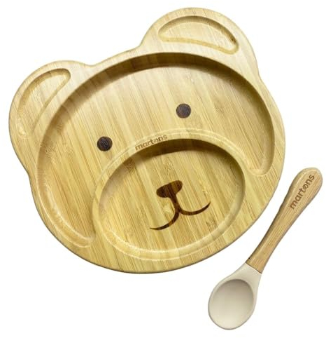 Martons Bambus Bär Teller mit Saugnapf, Rutschfestem mit passendem Baby Löffel, Geschirr Set mit schöne Geschenkbox, universal Beige farbe