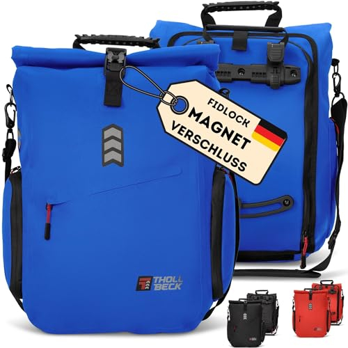 THOLLBECK Impuls 3 in 1 Fahrradtasche & Fahrradrucksack mit MAGNETVERSCHLUSS (23-27l) - wasserdicht für Gepäckträger bei Fahrrad & E Bike -Mountainbike Rucksack Herren & Damen mit Laptopfach (Blau)