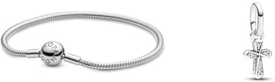 PANDORA Damen-Armband mit Kugelverschluss, glatt 925 Silber 17 cm-590728-17 & ME Funkelndes Kreuz Mini-Charm-Anhänger
