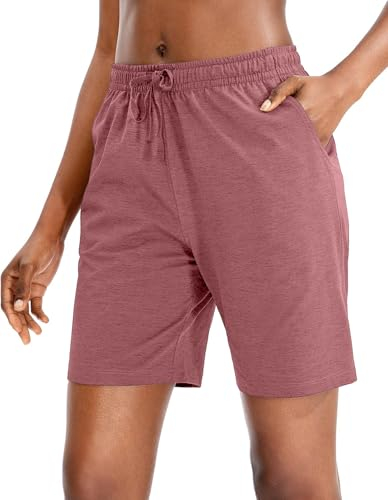 EUHOM Bermuda da donna, estivi, pantaloni sportivi, lunghezza al ginocchio, in cotone, a vita alta, da corsa, da jogging, casual, con tasche, Colore: rosa., L