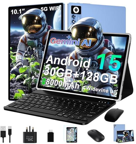 ZIOVO Tablet 10 Inch Android 15, 30GB RAM+128GB ROM (TF 2TB), 5G WiFi Tablets,Gemini AI/Widevine L1/8000 mAh/Octa-Core/8+5MP/Bluetooth 5.0/GPS/Face ID/2-in-1 Tablet with Keyboard and Mouse - Blue