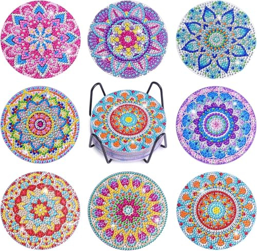 Lot de 8 dessous de verre avec support, kit de peinture diamant mandala pour adultes débutants, kit de peinture diamant mandala complet pour adultes