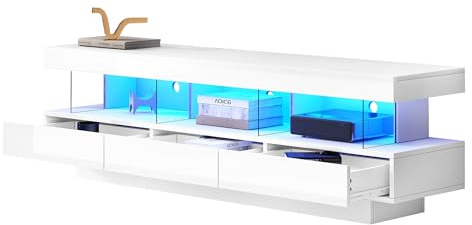 Azkoeesy Hochglanz weiß - TV-Schrank 160 cm mit LED und App-Steuerung, Moderner Fernseh-Kommode, TV-Board, mit 3 Schubladen - Push to Open, Glasfächern, für Wohnzimmer