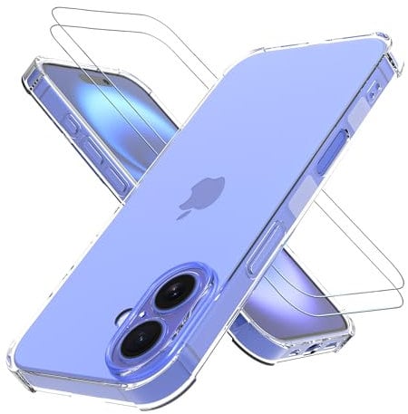 PIXFAB Clear Case for iPhone 16 with 2 x Screen Protector Tempered Glass, Shockproof [Ultra Slim] Scratch Resistant Gel Rubber Silicone [Protective Case] Cover for iPhone 16