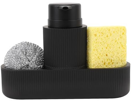 Distributeur de Savon de Cuisine, Support D'évier avec Pompe à Savon Ensemble de Boules de Nettoyage Multifonctions pour Cuisine et Salle de Bain(Noir)