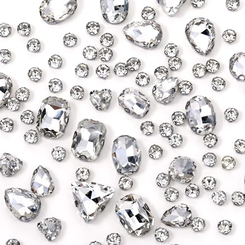 Qianyu 130 PCS White Flat Back Sew on Rhinestones Crystal Clear Mixed Shapes Glass Crystal Rhinestones with Sewing Holes Non-Stick Round Gems for Jewelry Making Costumes Clothes Garment