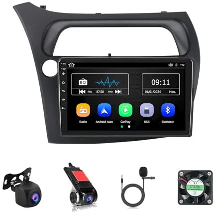 9 Pulgadas HD Pantalla Táctil Android 14 Radio De Coche 2 DIN para Honda Civic 2006-2011 con GPS Navegación WiFi Control En El Volante AHD Cámara Trasera Bluetooth Carplay(Y1 1+32G)