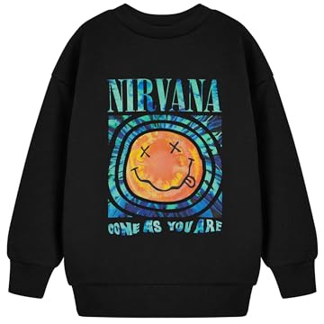 Nirvana Kids Fleece Crew Neck | Black Classic Long Sleeve Band Logo Graphic Tee | Music Theme, Come As You Are | Casual Wear Band Merchandise Top for Unisex Children | Pull On Closure