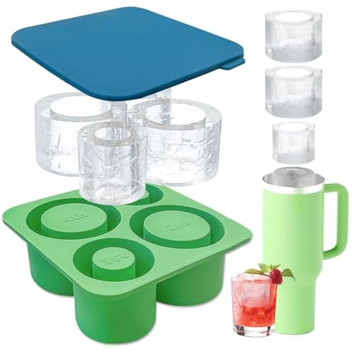 LUCKNIGHT Ice Cube Tray with Lid for Stanely Cup, Silicone Ice Cube Moulds for Stanley Cup 30-40Oz Tumbler, 4 Hollow Cylinder Ice Cube Molds, for Chilling Cocktails, Whiskey, Drinks, Coffee (Green)