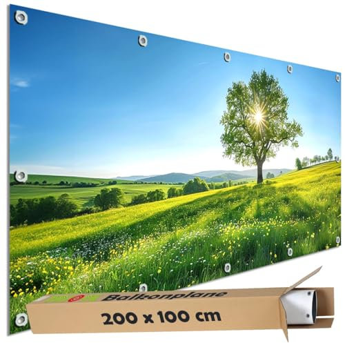TRIOSK Sichtschutz Balkon Deko Plane Balkonblende Blickdicht mit Motiv Sommer Blumen Wiese für Garten Terrasse Gartenzaun Balkonverkleidung Blickschutz PVC groß 200x100 cm