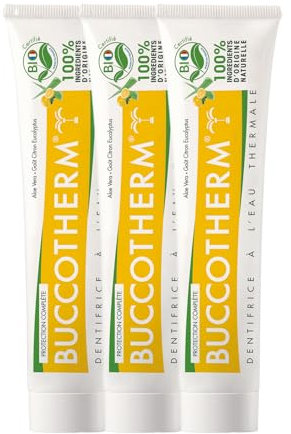 BUCCOTHERM | [Dentifricio Protezione Completa Gusto Limone Eucalipto] | Certificato Bio | Lenisce le gengive | Protegge | Remineralizzante | 100% di ingredienti di origine naturale | Confezione da 3 x