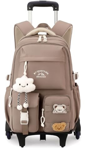 Tanou Cartable a Roulette Fille, 30L Sac Dos Roulettes Primaire et Collège | Amovible Trolley Sac à Dos Scolaire Décontracté de Voyage avec 6 Roues, Marron