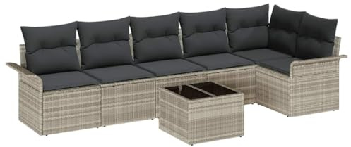 vidaXL 7-teiliges modulares Garten-Sofa-Set mit Kissen in Grau, handgewebtem Poly-Rattan. Perfekte Outdoor-Möbel für Terrasse und Balkon, ideal für gemütliche Sitz-Lounge-Sofas und als Sectional.