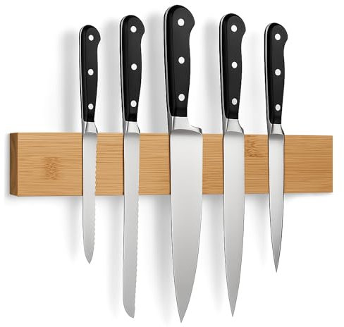 BLADO Magnetic Knife Holder for Wall – Knife Magnetic Strip with Strong Hold – Easy to Install Utensil Holder for Kitchen Accessories, Tools, and Garages. (Bamboo, 30cm)