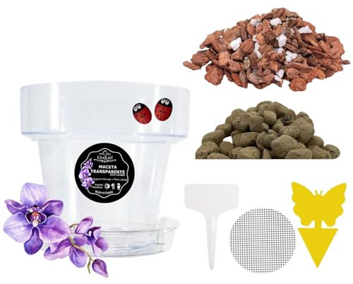 LiveLaif Kit trapianto orchidee: vaso orchidea trasparente 17 cm (aiuole e piatto) + substrato orchidee premium con corteccia di pino, cocco, argita, perlite, vemiculite, fertilizzante NPK + accessori
