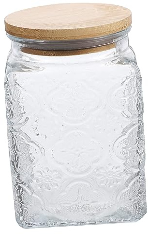 CIYODO Embossed Begonia Glass Storage Jar with Wood Lid, Tea Canister | Airtight Sealed Jar for Spice and Pepper, Easy Refill and Clean, Multipurpose Kitchen Storage