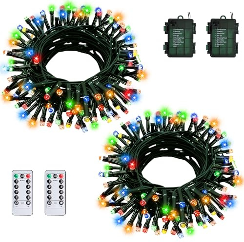 Jixviqi 2 x 5 m 50 LED Multicolour LED Fairy Lights Battery Operated with Green Wire, Waterproof for Outdoor and Indoor Christmas Decorations for Tree, Garden, Party