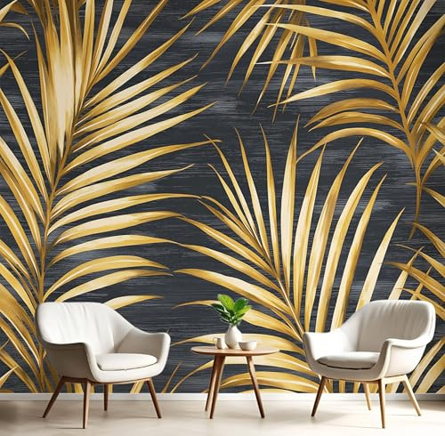 NAWVNMI Gold Palm Leaf Wallpaper Mural, Luxury Plant Decoration Wall Mural, Silk Print Photo Wallpaper for Bedroom Living Room Decor Poster Picture Design 450 x 315cm Black Gold