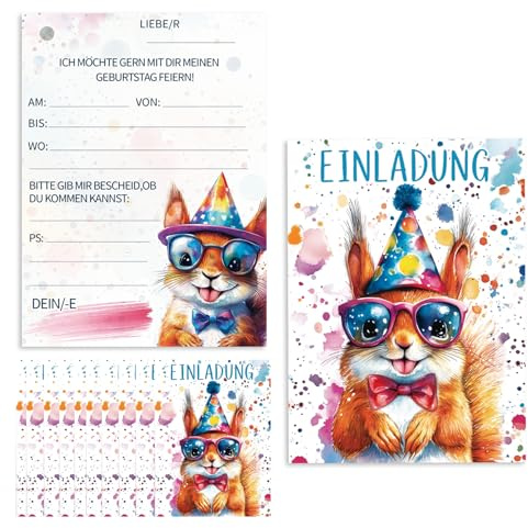 Nymora Einladungskarten Geburtstag Kindergeburtstag Junge - 12 Tier Einladungskarten mit Umschlägen & Aufklebern für Mädchen und Jungen, Partyeinladungen