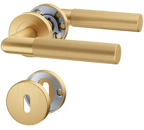 ERGO line BAUHAUS Modern, Gold Türbeschlag Türgriff für Zimmertüren PVD-Gold matt L-FORM, Rund-Rosette Drückergarnitur, Türklinke, Türdrücker