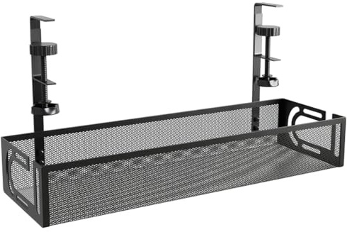 PWRco Black Under-Desk Cable Management Rack Clamp-On No-Drill Punch Free Under-Table Socket & PDU Organizer Wire Storage Shelf for Power Strips Extension Leads Cable Tray for Office Desk & Home