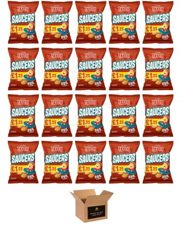 Tayto Crisps Flavoured British Potato Chips & Corn Snacks | Cheese Onion, Smoky Bacon – Party Snacks, Lunchbox Crispy Sharing Packs (SAUCERS BBQ - £1.25-45g x 20Pack)