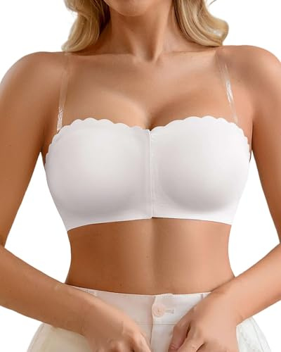 CheChury Seamless Strapless Bras for Women Bandeau Bra Push Up Front Fastening Padded Wireless Anti-Slip Tube Bra Multiway Bra Full Coverage Bralettes with Removable Transparent Straps