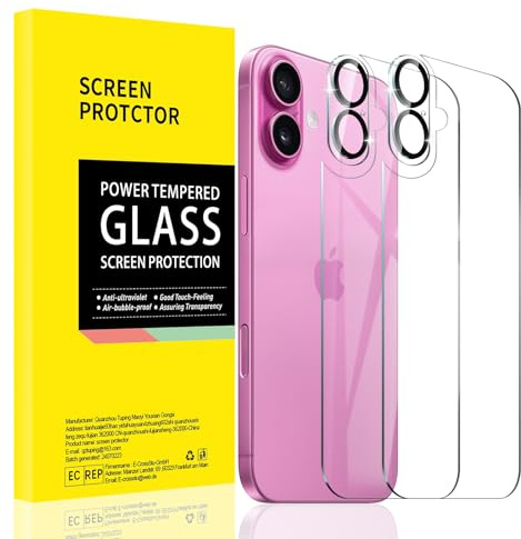 AKLPP 2+2 Pack Back Screen Protector for iPhone 16 with Camera Lens Protector, HD Tempered Glass Film Accessories Protection, Anti-Scratch, 9H Hardness.
