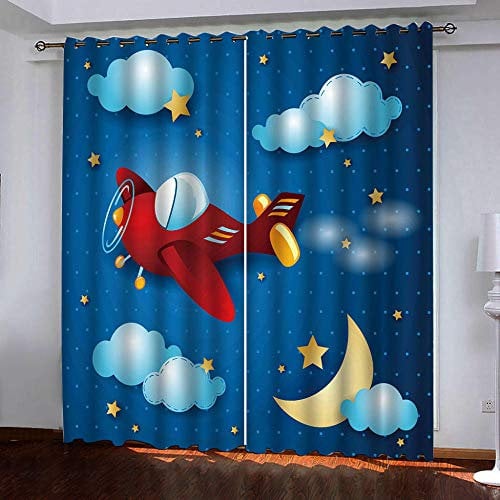 Vorhang Kinderzimmer Karikatur Flugzeug Wolke Kinder Vorhänge mit Ösen Polyester Gardinen Thermovorhang Blickdicht Ösenschal Kindergardinen für Wohnzimmer Schlafzimmer,2er Set,70x160cm (B x H),Blau