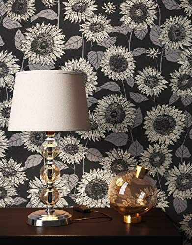 NEWROOM Tapete Schwarz Vliestapete Blumen - Blumentapeten Floral Grau Beige Sonnenblumen Natur Mustertapete Landhausstil inkl. Tapezier-Ratgeber