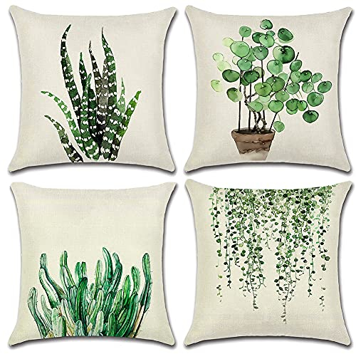 Artscope wasserdichte Kissenbezugen, 4 Stück Grünes Blatt Muster Kissenhülle Atmungsaktiv Kissen Fall für Outdoor Balkon Terrasse Patio Garten Bauernhaus Dekor 45 x 45cm
