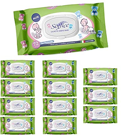 Soffice Baby Aloe Lot de 12 paquets contenant chacun 72 lingettes pour bébé, avec couvercle, 370 g