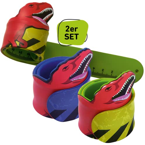 moses 70021 Schnapparmband für Kinder – T-Rex, 2er-Set Grün und Blau, Flexibles, 2in1 Dino Schnappband und 30cm Lineal