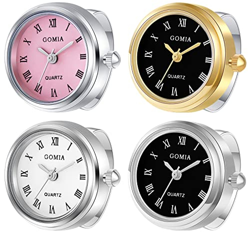 JewelryWe 4pcs Ringuhr Fingeruhr Damen Analog Quarz Edelstahl Verstellbar Ring Uhr Fingerringuhr Uhrenring mit Römischen Ziffern Rundem Zifferblatt, Gold Silber Pink Schwarz Weiß
