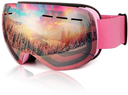 HuoBi Ski Goggles Anti-Fog Windproof OTG Design Snowboard Goggles UV400 Block Eyes Protect Lens Adult Youth (Frameless - Pink Lens)