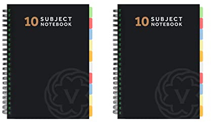 VABE UK A4 Subject Notebook with 10 Dividers - 300 Pages Lined A4 Spiral Notebook (150 Sheets) - 100gsm Writing Pad - Large A4 Lined Jotter with Thick Matte Laminated Cover (Pack of 2, BLACK)