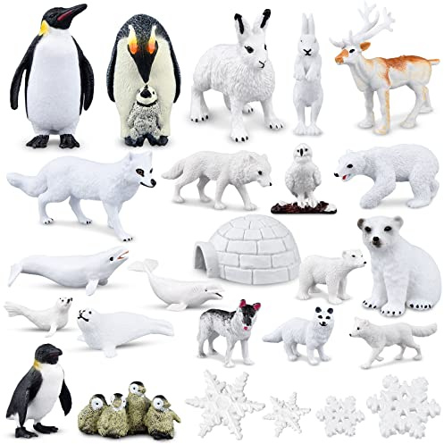 PLULON 25 teilige Wintertierfiguren, Spielzeug, Ozean, Meerestiere, Plastik, Pinguin, Eisbär, Robbe, Delfin, Hirsch, Schneeflocken, arktische Kreatur, Figuren Weihnachtsdekoration