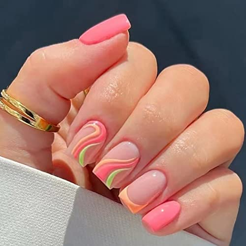 Vatocu Square Glossy False Nails French Short Pink Fake Nails Rainbow Lines Press on Nails Orange Children Acrylic Full Cover Stick on Nails for Women and Girls (24pcs)