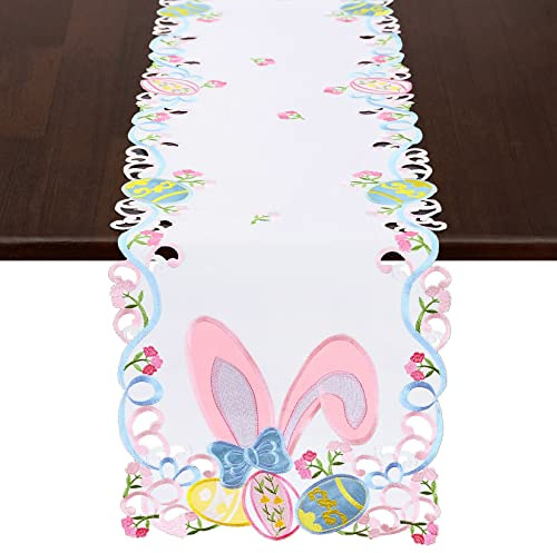 Grelucgo Tischläufer mit Osterhasen-Motiv, Bestickt, 33 x 175,3 cm