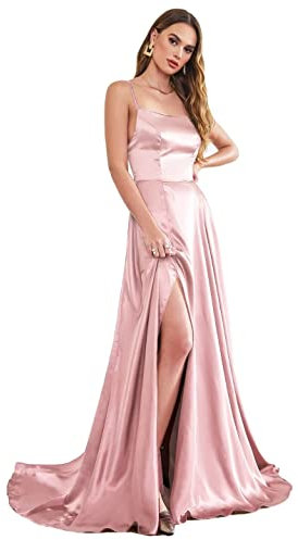 Babyonlinedress BABYONLINE D.R.E.S.S. Robe de Bal Longue avec Bretelles Robe de Soirée Chic pour Mariage Dos Nu Fendue en Satin Rose 34