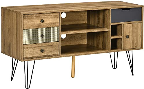 HOMCOM Mobile TV Banco TV fino a 50 Pollici con 4 Scomparti 4 Cassetti 2 Passacavi e 1 Armadio Piedi Pin Metallo Nero - 120 x 39 x 64 cm