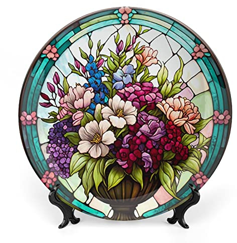 Gokays Piatti decorativi, in vetro colorato, bouquet di fiori, in ceramica, con supporto per la casa, decorazione da appendere alla parete, per soggiorno, sala da pranzo, cucina, casa, casa, 25 cm