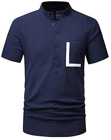Kurzarm Hemd Herren Stehkragen/Revers Farbabstimmung Taschen Casual Shirt Sommer Slim Fit Strandshirt Herren Leichte Atmungsaktiv Leinenhemd Mit Buttons Henry Hemd Herren D-Navy L
