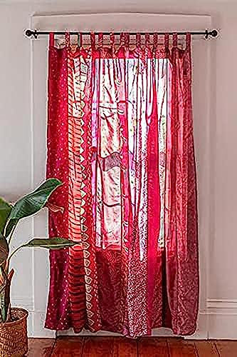Ethinic Craft Hub Indischer Seidenvorhang - Patchwork Sari Bohemian Gypsy Hippy Vorhang - 210 x 105 cm (Rot)