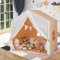 DREAMADE Tente de Jeu Enfants 3+Ans avec Tapis en Coton Lavable,Maison Enfants Intérieur&Extérieur 131x91x131CM avec Bannière de Drapeau&Fenêtres&Rideaux,Cabane Garçons Filles Cadre en Bois (Marron)