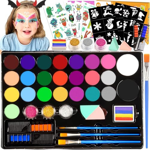 Face Painting Kit for Children, 28 Colors Face Body Paints with 3 Brushes 30 Stencils Girls Toys Age 4-9 Carnival Halloween Gifts for Girl 5 6 7 8 9 Year Old Xmas Washable Non Toxic Kids Makeup Set