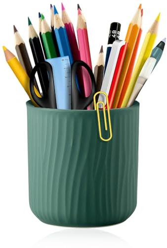 TANZOIJI Round Ceramic Pen Holder for Desk Cute Pencil Cup Pot Desk Organizer for Girls Kids Makeup Brush Holder Dark Green