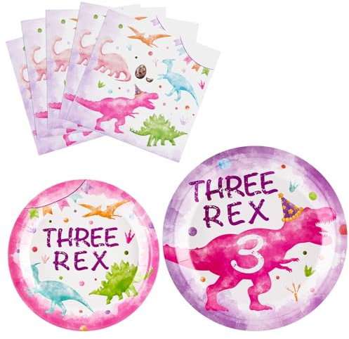 WERNNSAI Dinosaur Party Tableware Set - 48 PCS Watercolor Dinosaur Pink 3rd Birthday Party Supplies Bundles for Girls Disposable Three Rex Plates and Napkins Dino Party Decorations Serves 16 Guests
