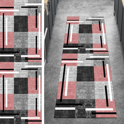 Ymural Patchwork Läufer Flur Teppich Meterware Teppichmatten 100x250CM Grau Rosa Kücheläufer rutschfest Lang Teppichläufer Waschbar Kurzflor Polyester Korridor