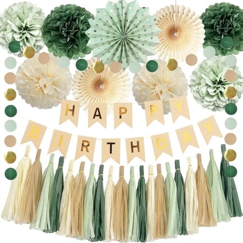 Geburtstagsdeko Frauen Salbeigrün Party Deko Olivgrün Salbei Creme Seidenpapier Pompoms Happy Birthday Papier Girlande für Frauen Mädchen Geburtstags Party Deko